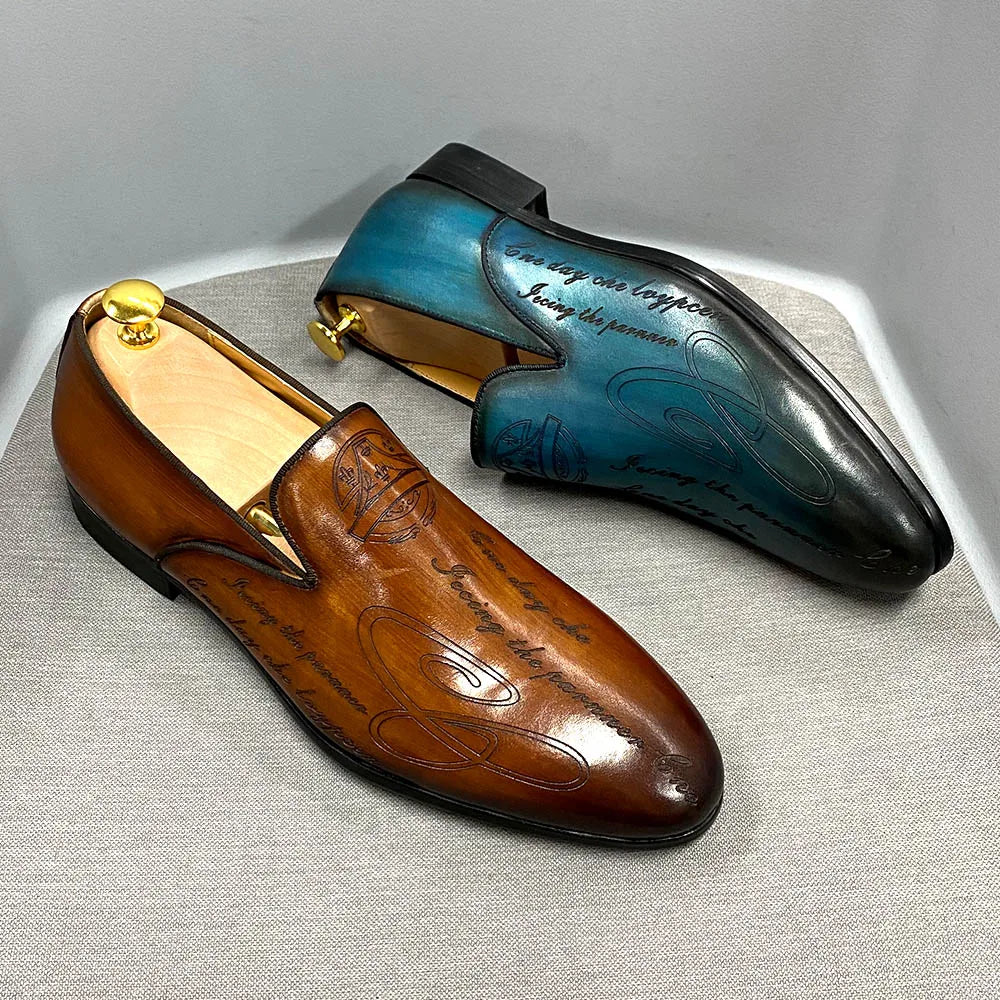 Italian Style Hand Painted Letter Men Shoes Genuine Cow Leather High Quality Formal Dress Shoes Loafers Business Wedding Shoes