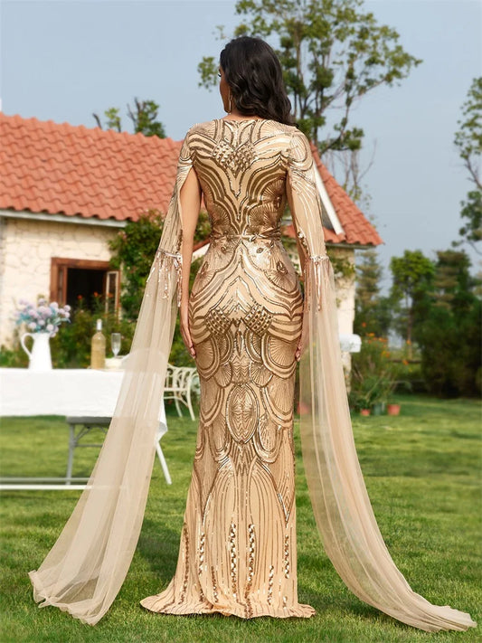 Luxury Gold Sequins Evening Dress Women Elegant Wedding Party Gowns