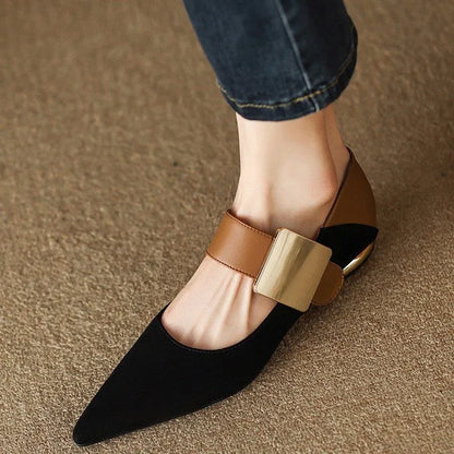 Women Nature Suede High Thick Heels SmallHut New 2023 Spring Black Apricot Square Toe Pumps Elegant Lady Metal Decoration Shoes
