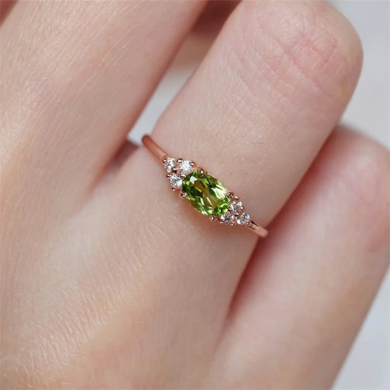 Olive Green Stone Ring Rose Gold Color Oval Zircon Minimalist Stacking