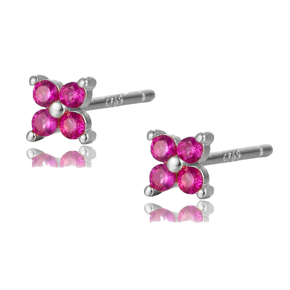 WANTME 925 Sterling Silver Romantic Color Zircon Three-petal Flower Stud Earrings for Women Fashion Huggies Piercing Jewelry
