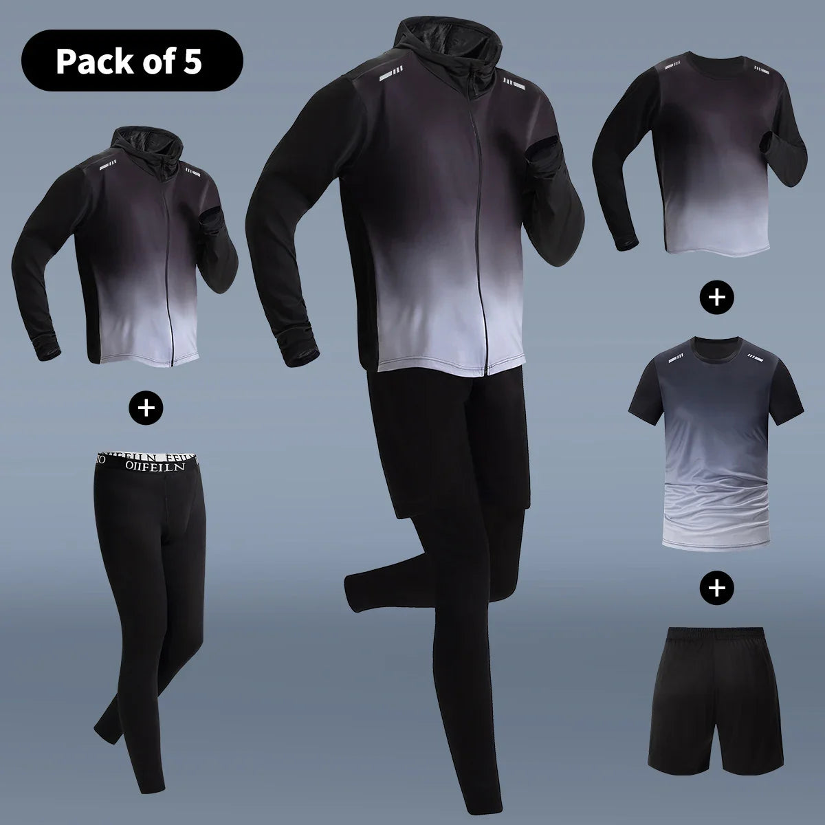 5-Piece Men's Quick-drying Sports Suit Fitness Running Tight Elastic Trousers With Cap Gradient Coat Round Neck Casual T-shirt