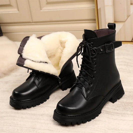 Winter Snow Boots Women Genuine Leather Natural Wool Square