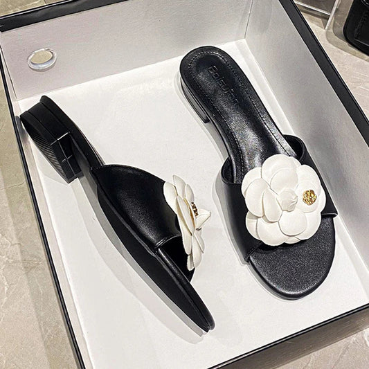 2023 High End Luxury Flower Slippers Women Camellia Shoes Open Toe Slides Femme Outside&Home Pantuflas Sandals Ladies Flip Flops