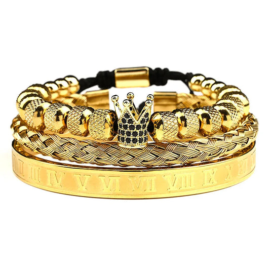 3Pcs Luxury Set Crown Charms Man Bracelet Roman Gold Women Bangles Hand Jewelry Valentine's Day Gift Creative Bracelet