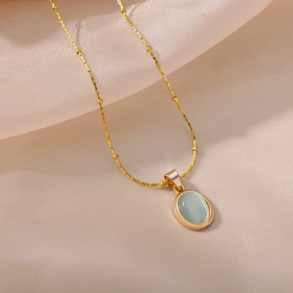 Fashion Stone Opal Oval Necklace For Women Stainless Steel Gold Color Oval Stone