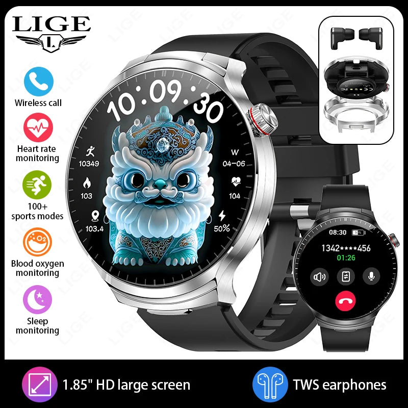 LIGE 2025 New TWS 2-In-1 Headset Smart Watch 1.85" Bluetooth Call Men Earphone Smartwatch Heart Rate Health Monitor Music Watch