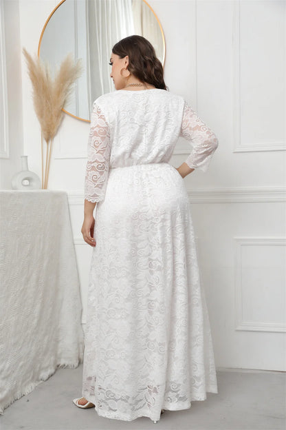 Plus Size 3/4 Sleeve V Neck Elegant Bridesmaid Wedding Contrast Lace Dresses For Women