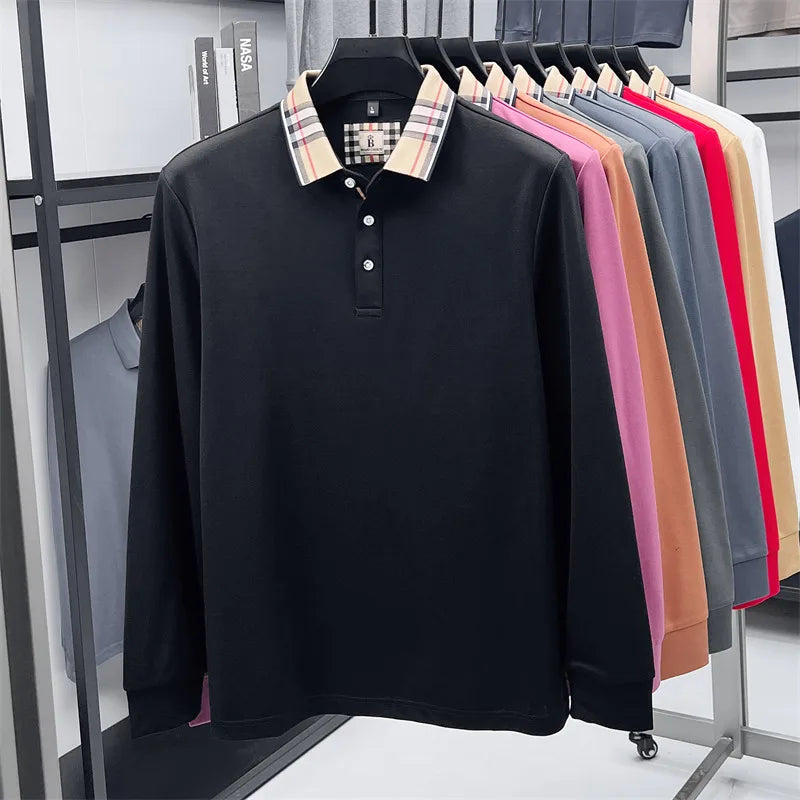 Men's Plaid Long Sleeve Polo Shirt Autumn Winter Casual Office Outdoor Fashion Top Commercial Collar Trendy Men's Clothing