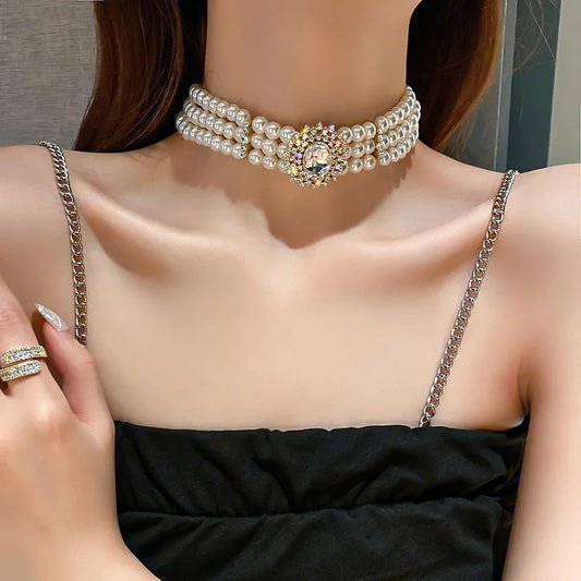 Multilayer Pearl Choker Necklaces for Women Short Geometric Crystal Chokers Necklace