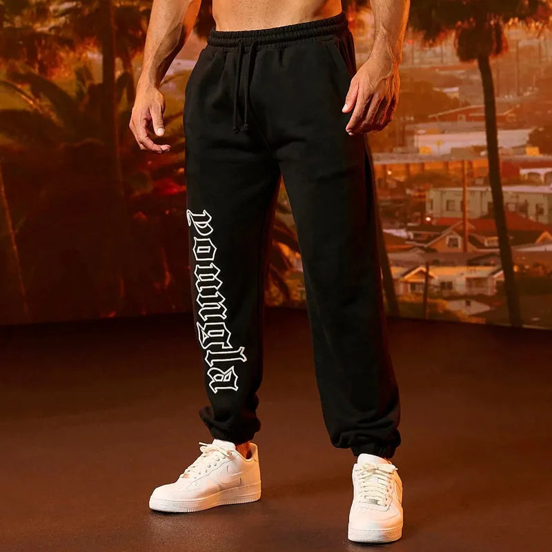Men's casual sports pants, high cut thick looped cotton embroidered pants