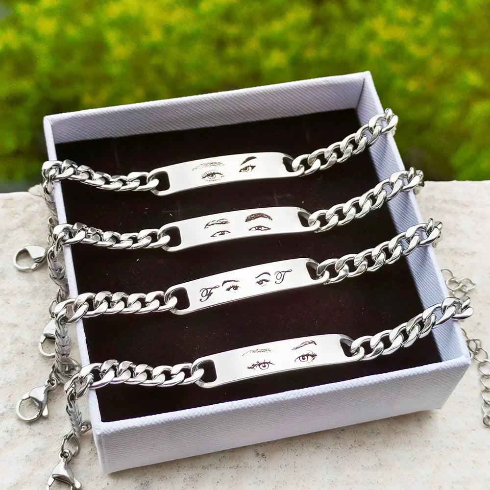 Personalized Eyes Photo Couple Bracelet Laser Engraved Eyes Photo Bracelets Stainless Steel Gifts for Boyfriend Family Father