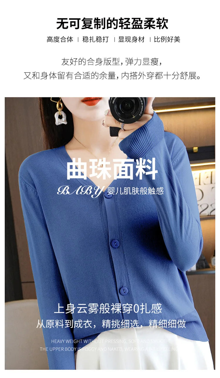 Summer Korean Version Thin Solid V-Neck Ice Silk Knitted Long Sleeve