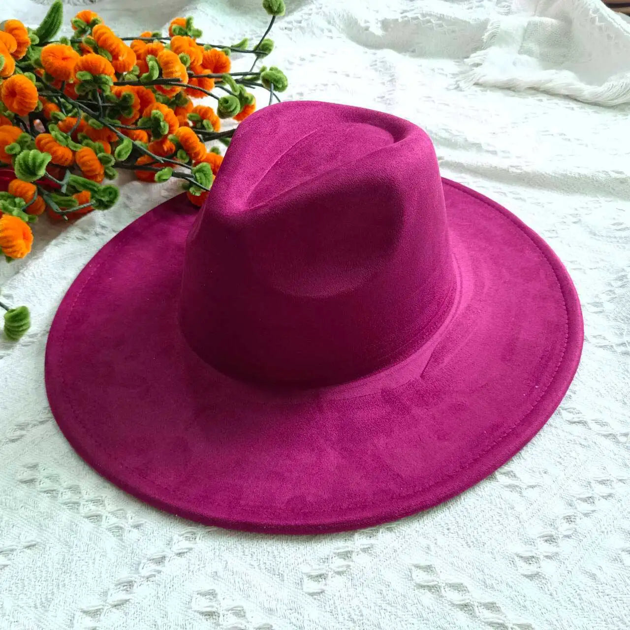 Vegan Suede Fedora Rancher Hats Blank Hats for Burning Multicolor teardrop shaped Top 9.5cm Brim Unisex Jazz Hat Church Hat