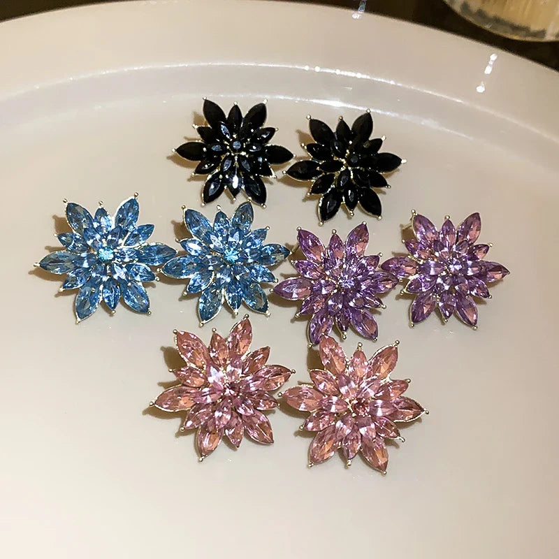 Rhinestone Flower Earrings for Women Korea Simple Sweet Stud Earrings Luxury High-grade Solid Color Charm Jewelry Girls Gift