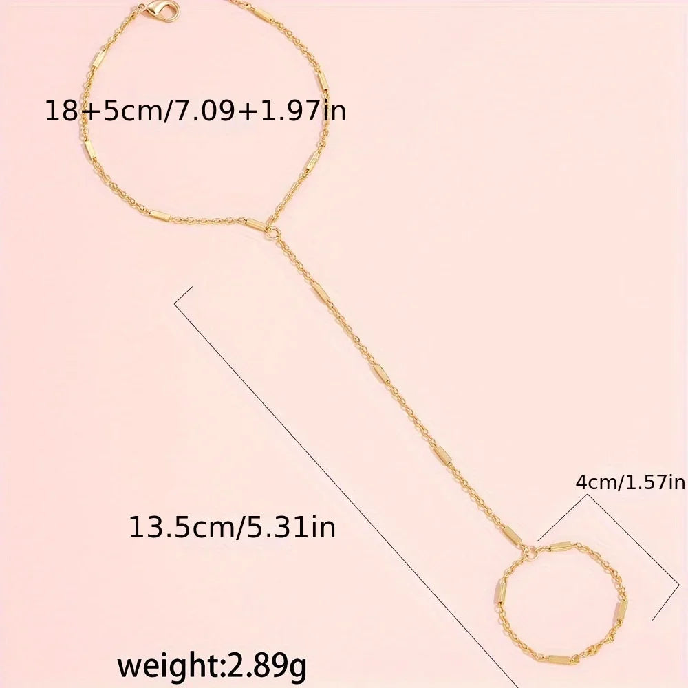 Women's Elegant Style Summer Finger Ring Bracelet, Minimalist Fine Chain Integrated Hand Jewelry Accessory