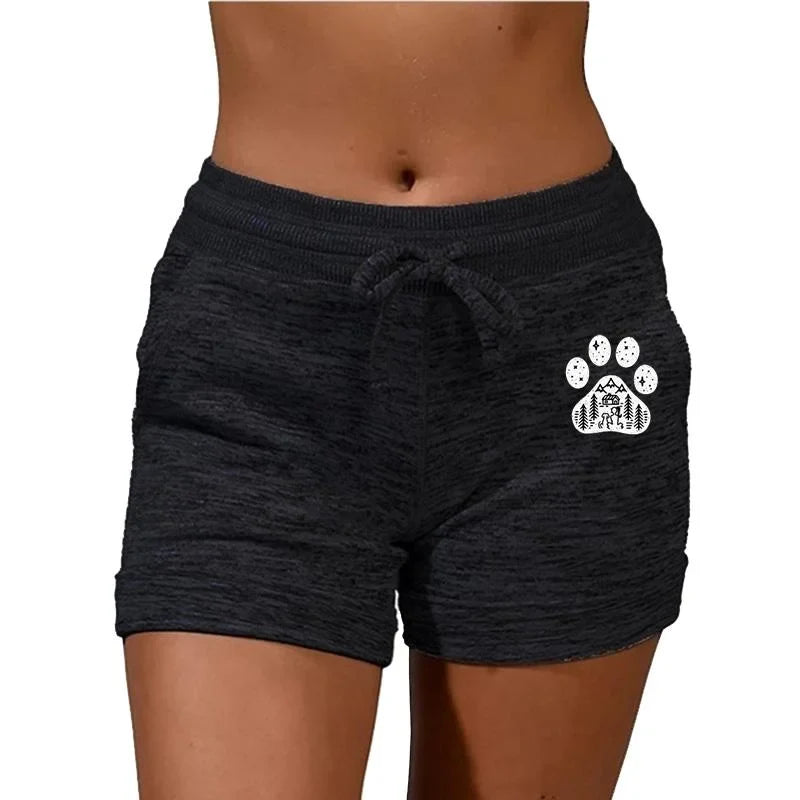Fashion Cute Dog Paw Printed Women Shorts Summer Casual Plus Size Shorts Yoga Pants Elastic Waist Cotton Shorts