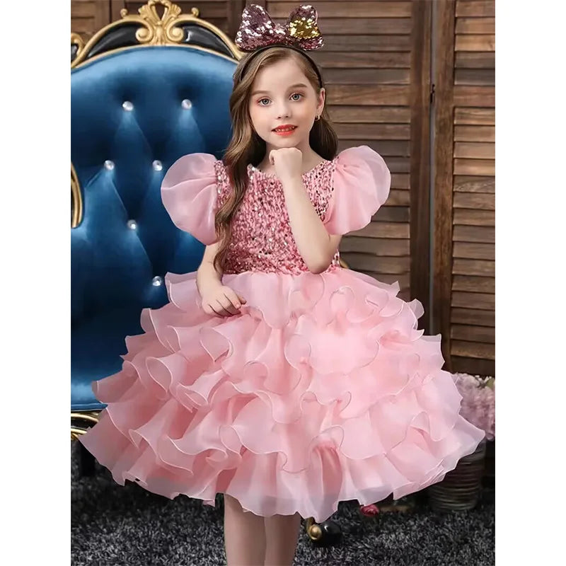 Little Girls Sequined Party Ball Dress With Big Bow Headband, Kids Special Party Prom Dress, Dance Performance Dress Princess Dr