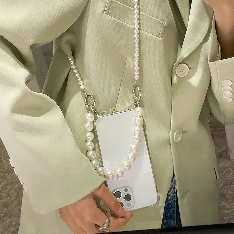 Pearl Chain With Casing for iPhone 16 15 14 13 12 11 Pro Max XR 8 7 Plus Crossbody Necklace Lanyard Phone Case Shockproof Cover