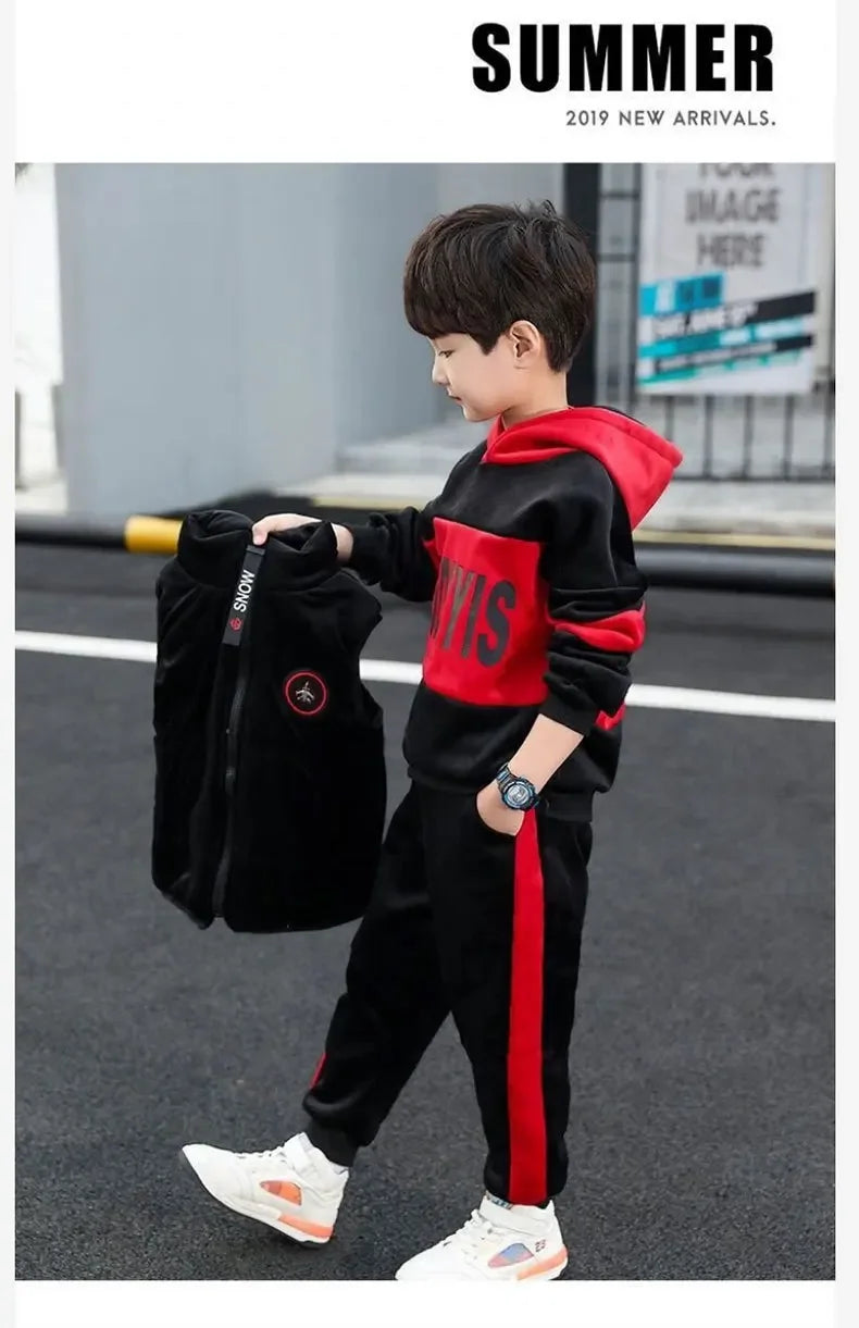 2023 winter Boys tracksuit Autumn Toddler Teenager Clothes vest velvet jacket + Sweatishrt hooded + Pant Children Kids 4 12 year