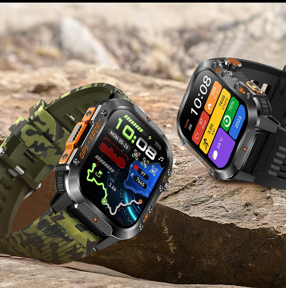 2025 New Military Outdoor Smart Watch Men's GPS Flashlight Bluetooth Call 2.01" AMOLED Screen 3ATM Waterproof Sports Smartwatch