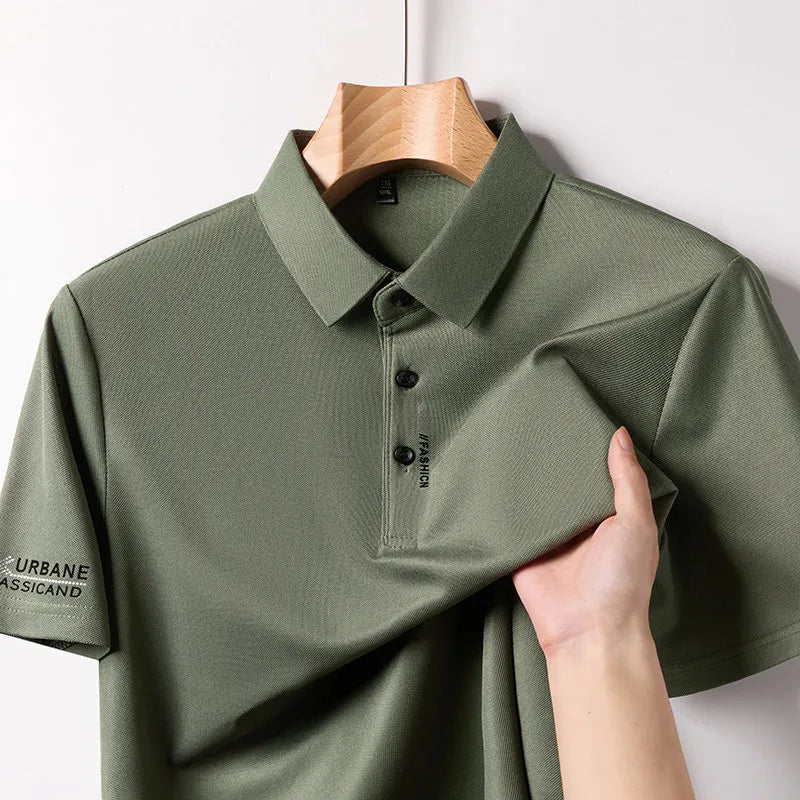 New Men's Business Casual Short Sleeved Shirt with Badge Solid Color Polo Shirt Fashionable Breathable Comfortable Versatile Top