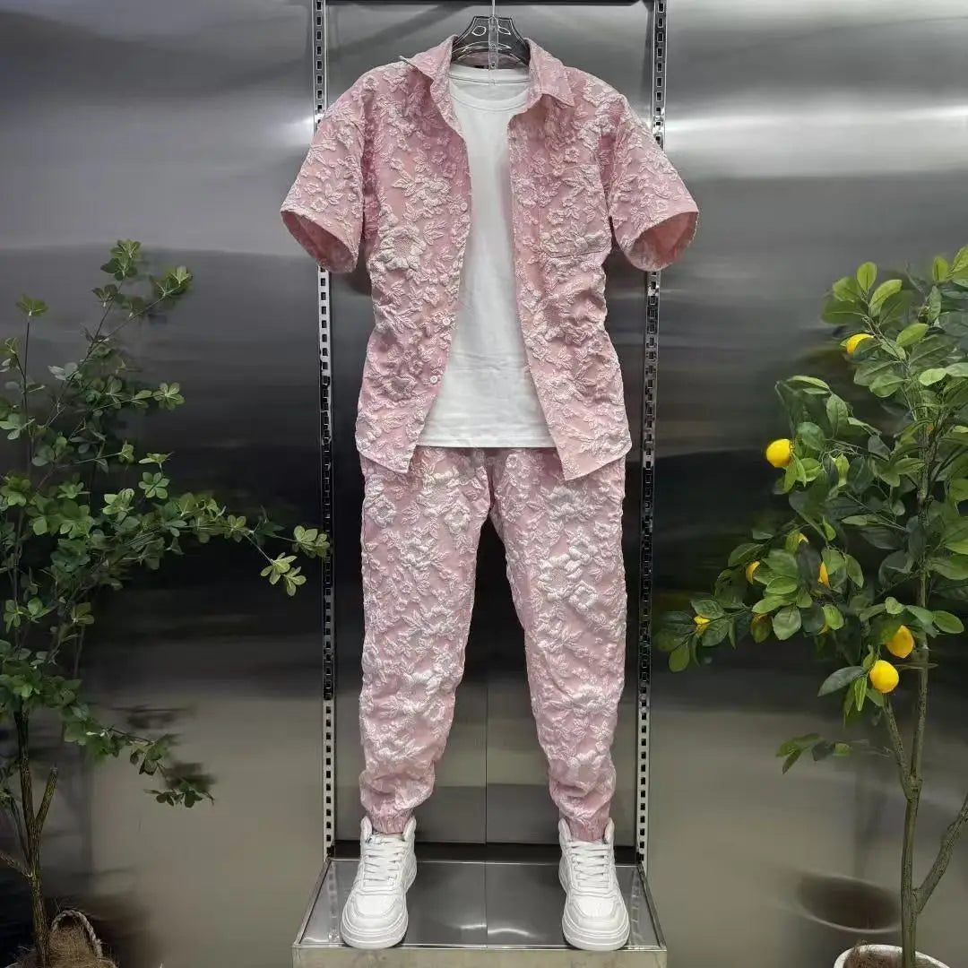 Summer Shirts+Pants Men Sets New Men Casual Print Shirt Two Piece Mens Sportswear Jogger Tracksuits Fashion Suit