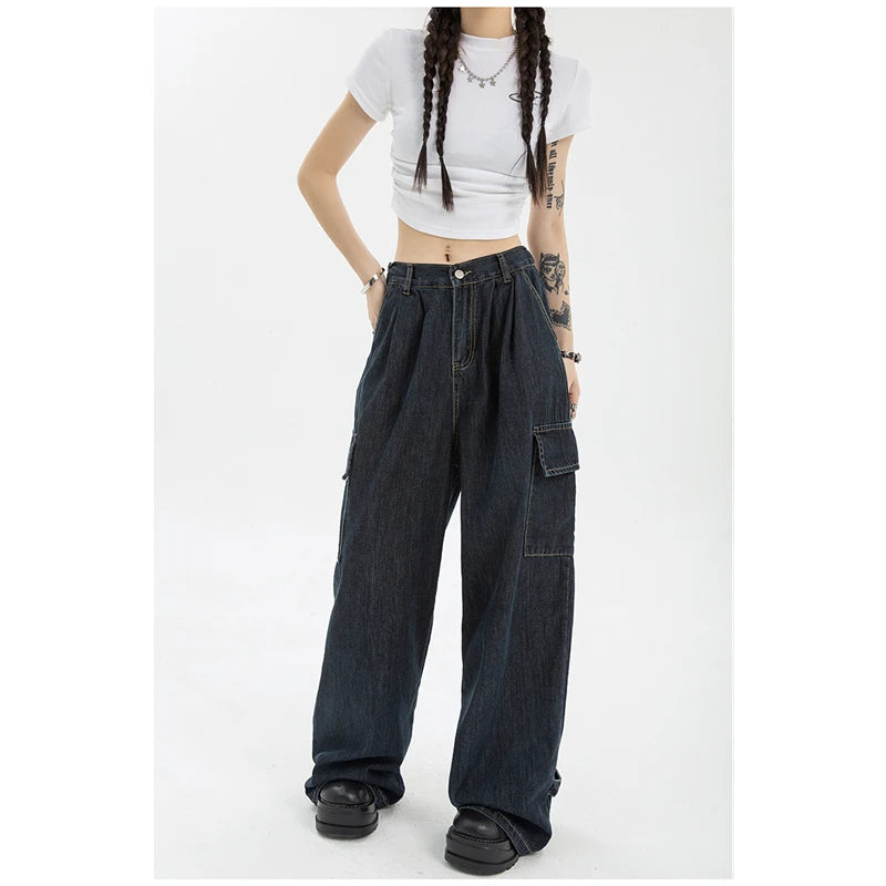 Women's Blue Vintage Wide Leg Jeans Fashion Baggy High Waist Straight Pants