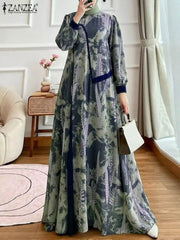 Women Floral Printed Muslim Dress Ramadan Maxi Sundress Elegant Abaya