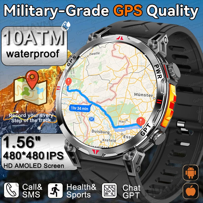 2025New Military GPS Sport Smartwatch Men 650mAh AMOLED Screen Compass Altimeter 10ATM Waterproof Heart Rate Wireless Call Clock
