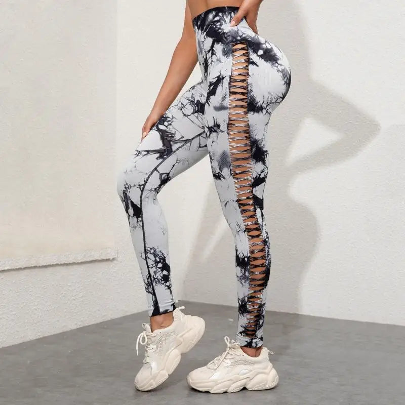 Tie Dye Yoga Pants Hollow Seamless Sport Leggings for Women