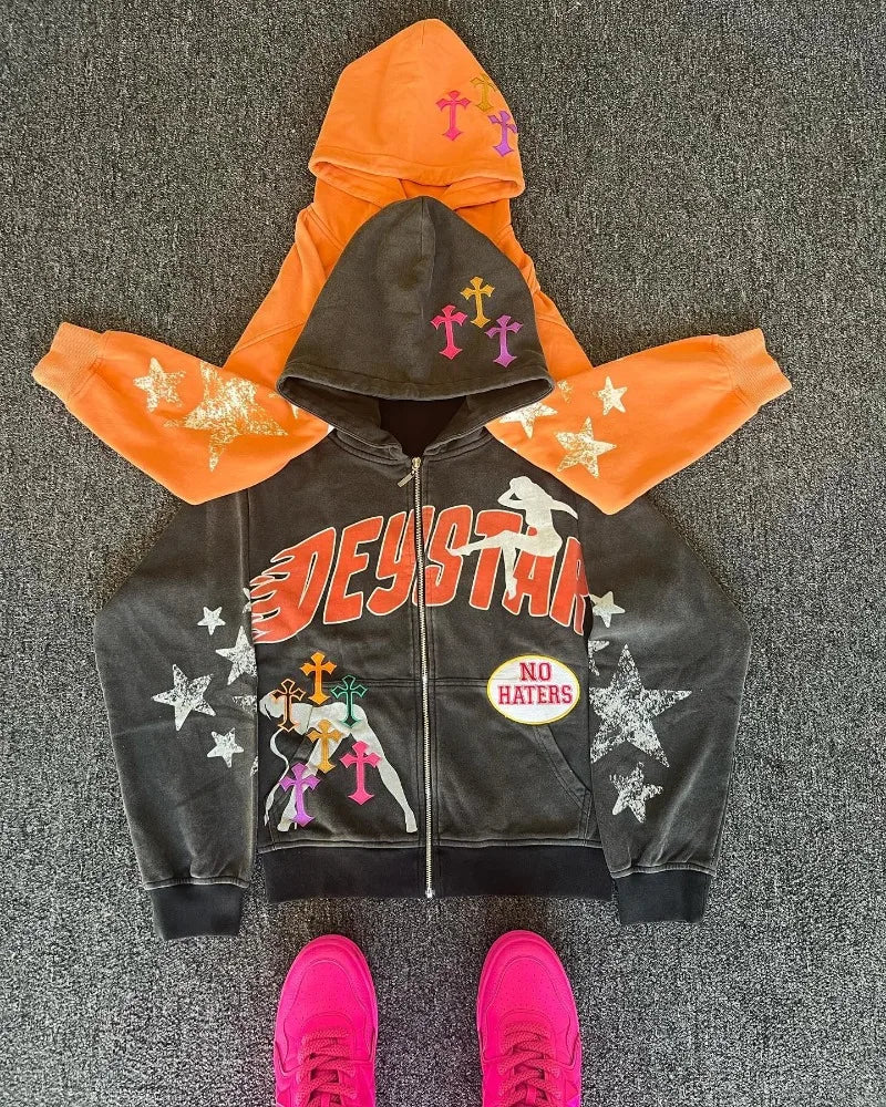 American vintage letter star print hoodie Men Y2K Goth Harajuku fashion street zipper