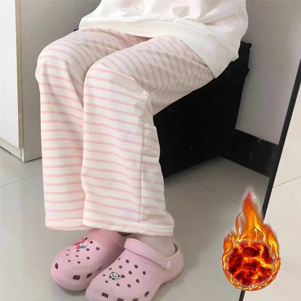 Cute Y2K Striped Pants Women Kawaii Sweet Harajuku Fleece Sports Korean Fashion