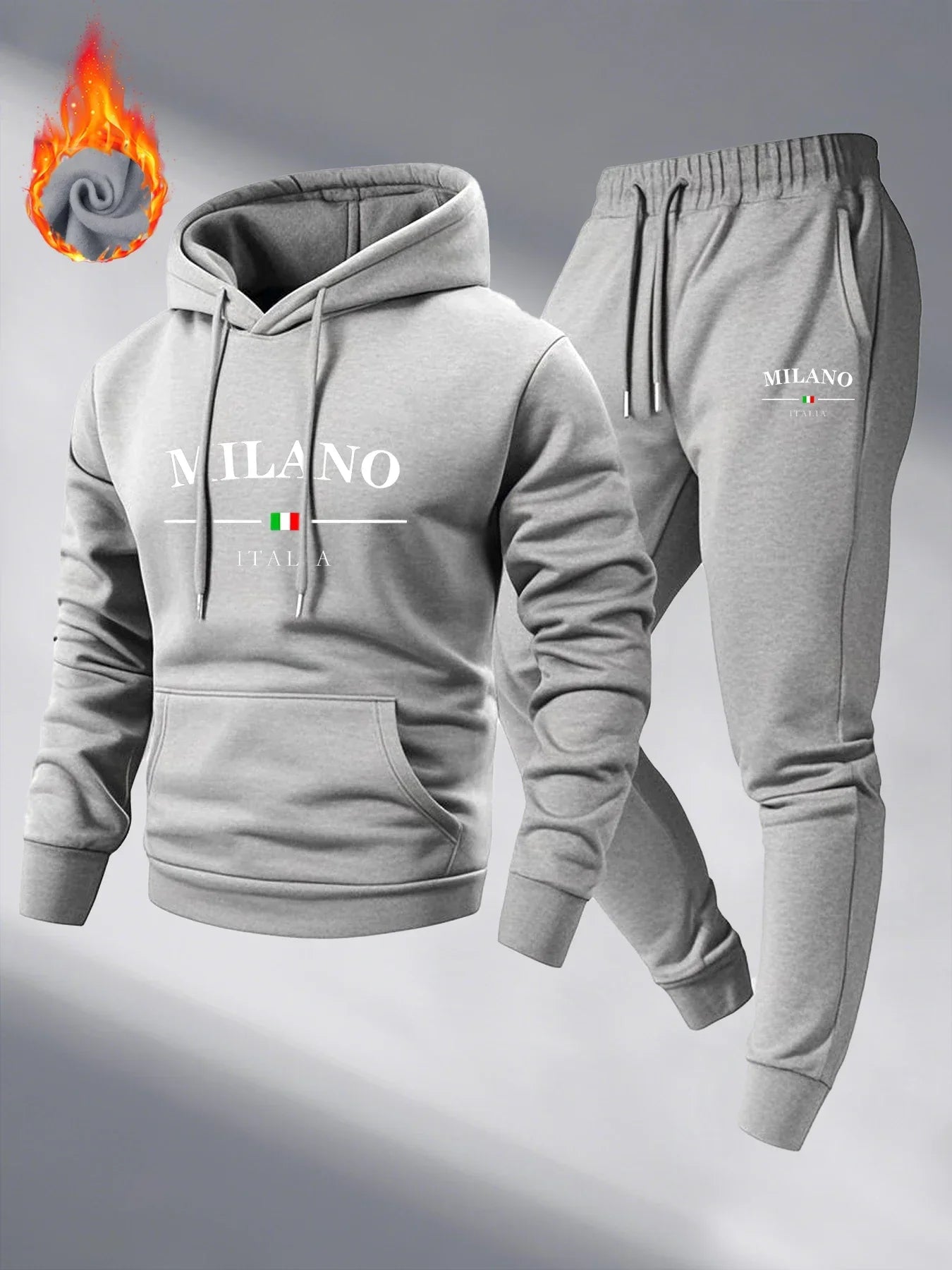 Men's Fleece Warm Hoodies Sets MILANO Printing Tracksuit Hooded Sweatshirt + Drawstring Pants Sportswear Two-piece suit