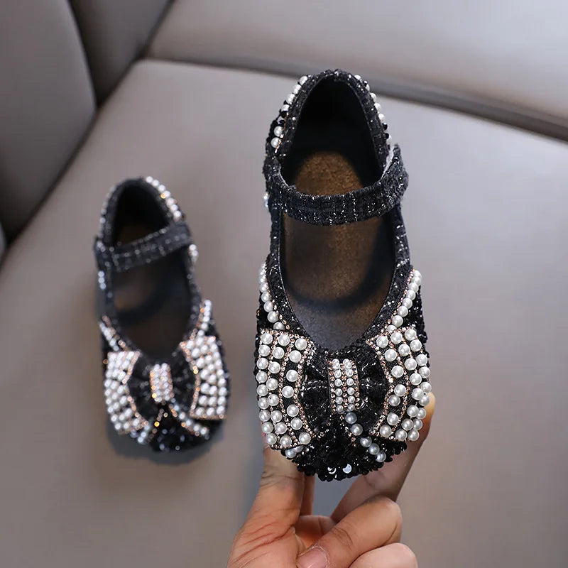 Girls Princess Shoes 2023 Autumn Baby Kids Flats Fashion Mary Jane Brand Sandals Toddler Party Dress Dance Pearl Bow Soft Sole