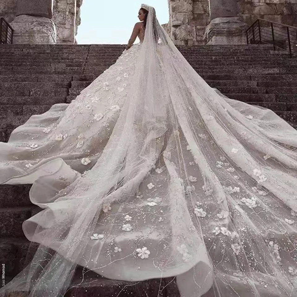 White Bridesmaid Dresses: A Line Wedding Dress Long Sleeves Flowers Sweep Train