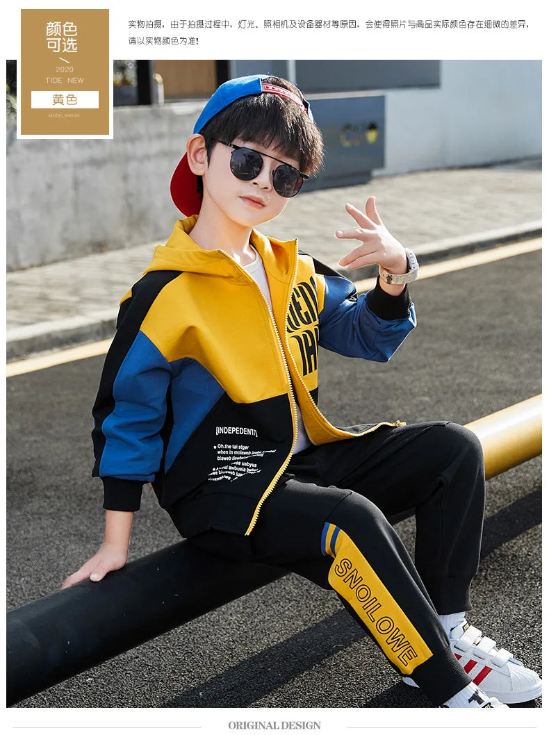 2026 winter spring Tracksuit Clothes Boys Teenager Kids zipper splicing Child set jacket hooded + striped Pant 8 9 10 11 12 year