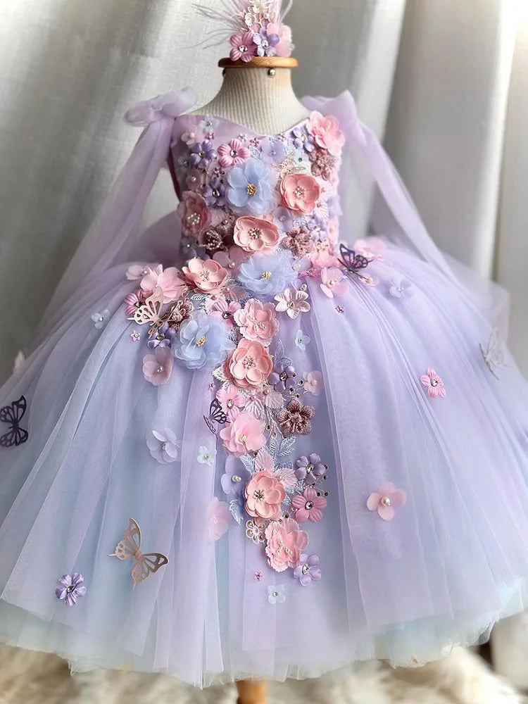 New flower girl wedding net gauze one year old birthday party dress 2024 big bow girl gorgeous graduation evening dress
