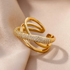 Fashion Gold Color Stainless Steel Rings For Women Chain Hollow Out Crystal Zircon