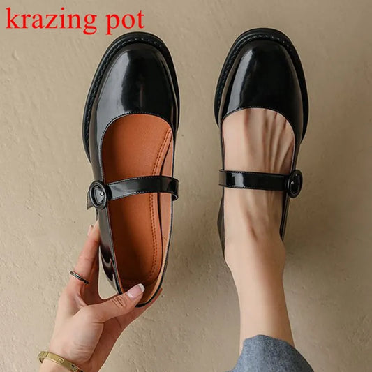 Krazing Pot Cow Leather Round Toe Med Heels Shoes Women Noble Young Lady Buckle Straps Mary Janes Model Fashion Classic Pumps