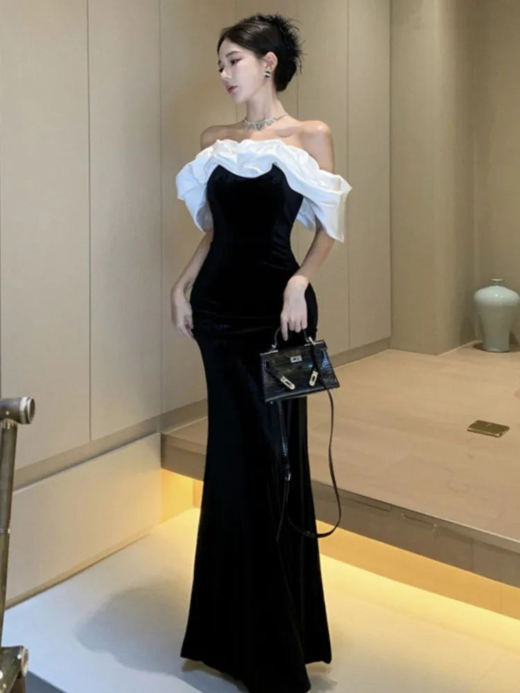 Women Sexy Off Shoulder Party Dress 2023 New Slim Waist French Patchwork Elegant Lady Maxi Fashion Solid A-line Vestidos Mujers