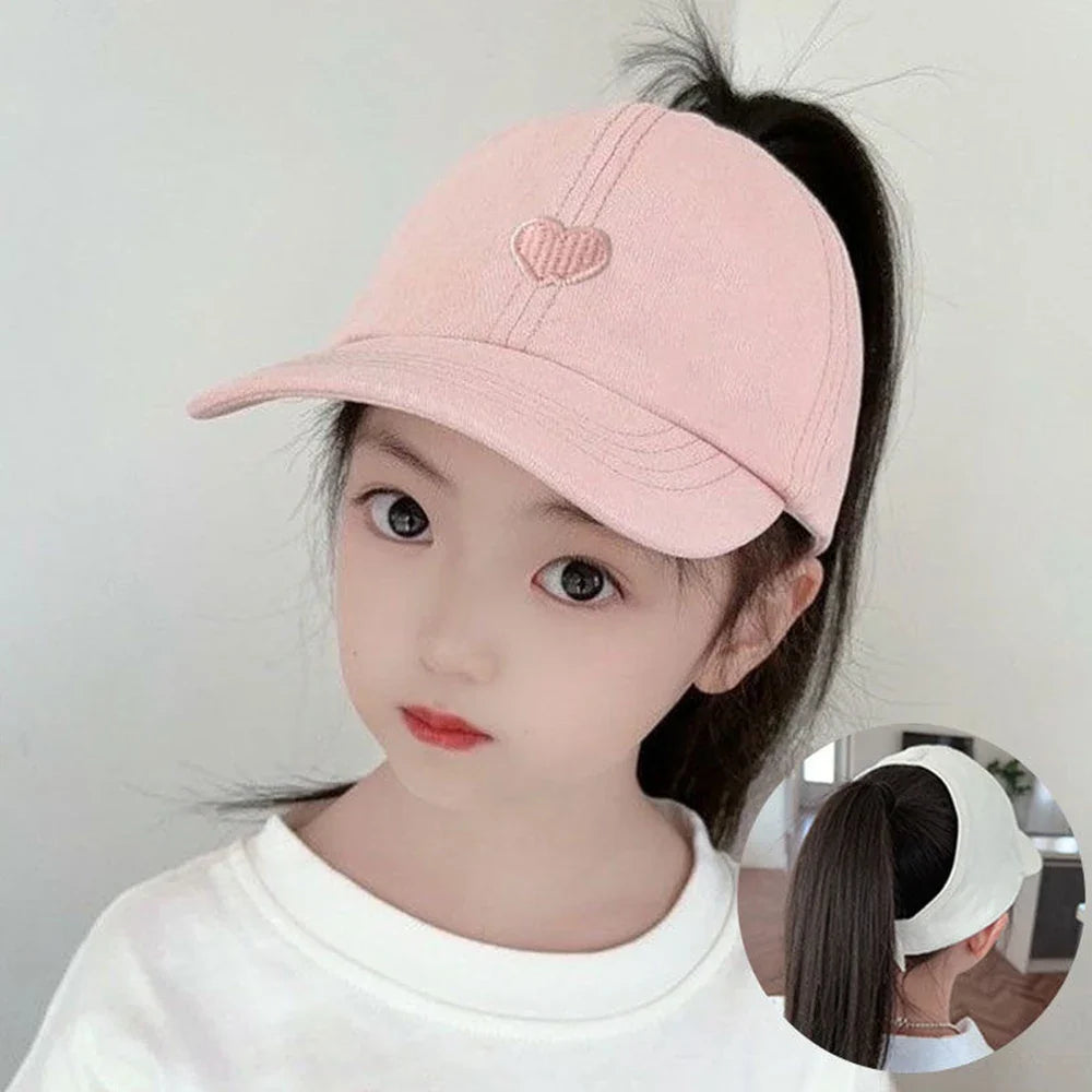 Kids Baseball Caps for Boys Girls Sun Hat Love Heart Hollow High Ponytail Caps Children Adjustable Baseball Caps for 4-12 Years