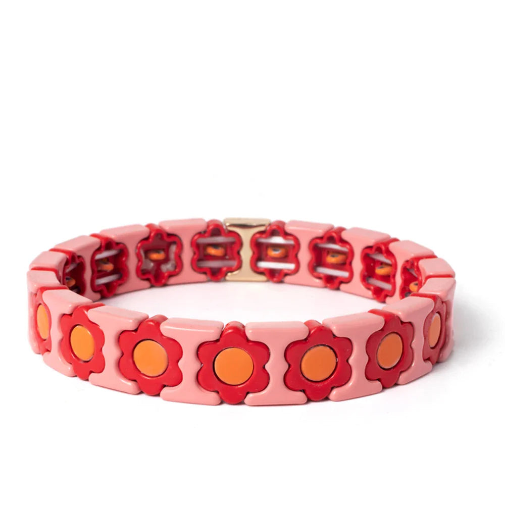 New Design Colorful Flower Charms Bangle For Women Handmade Bohemian Elastic Flower Bracelets Metal Beads Jewelry