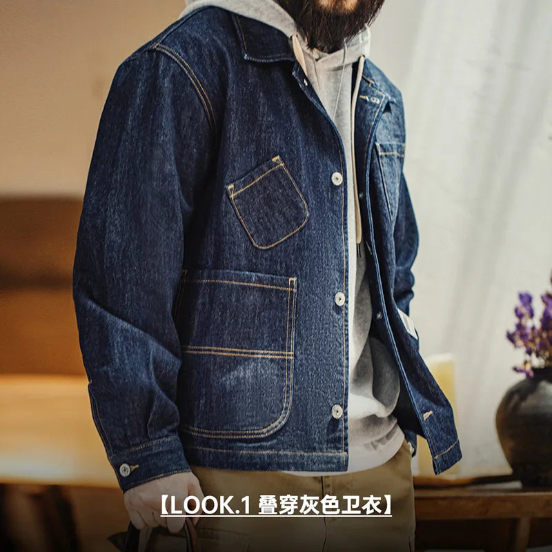 Japanese Vintage 4-Pockets Denim Jacket Lapel Amekaji Multi Pocket Jeans