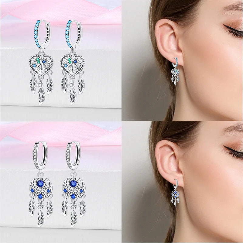 New in 925 Silver Romantic Feather Moon Stars Dream Catcher Earrings For Women Trending Fashion Jewelry Creative Birthday Gifts