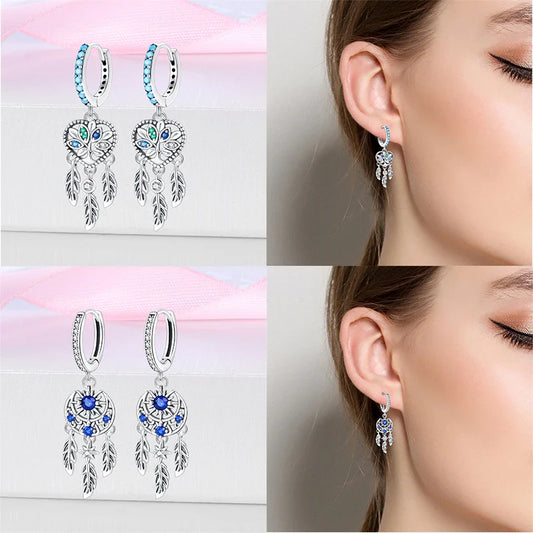 New in 925 Silver Romantic Feather Moon Stars Dream Catcher Earrings For Women Trending Fashion Jewelry Creative Birthday Gifts
