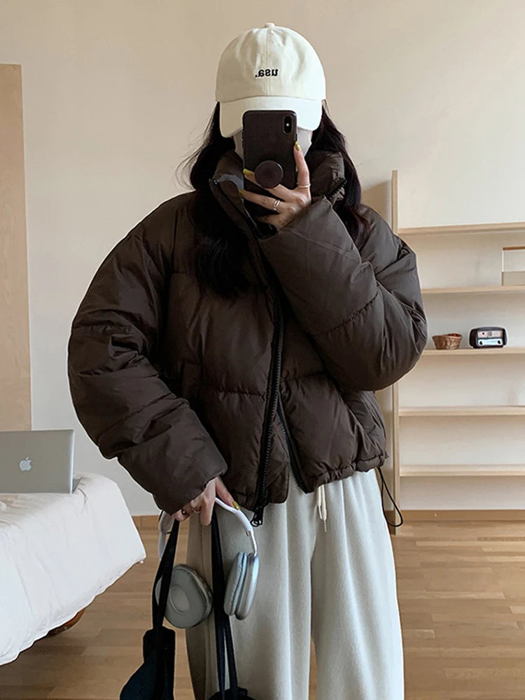 Korean Fashion Women Puffy Coats Simple Solid Loose Short Parkas Winter Thick