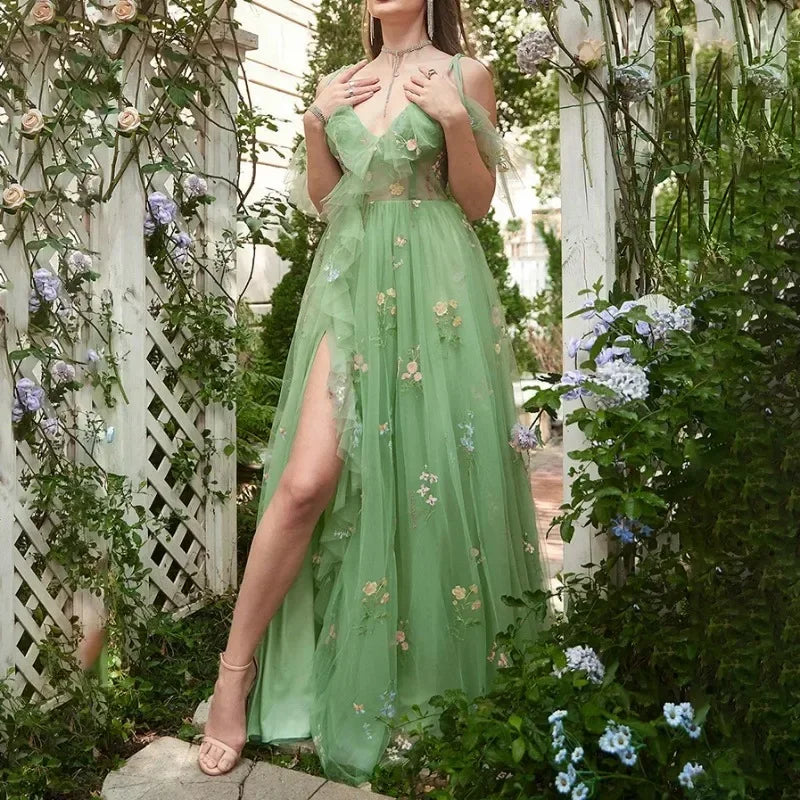 Homecoming Dresses: Wedding Party Dress A Line High Split V Neck Ruffled Prom Dress