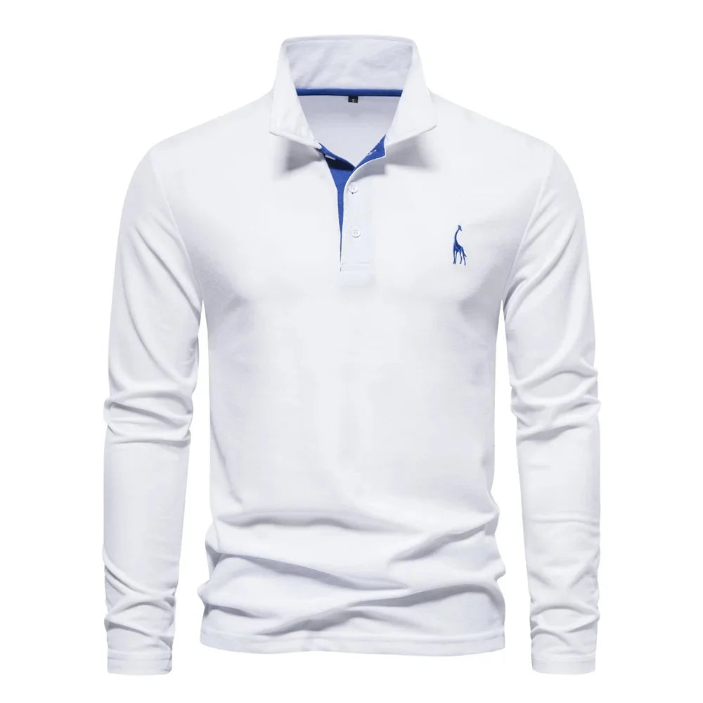 AIOPESON 2023 New Men's Deer Embroidery Polo Shirts Solid Color Long Sleeve Social Business Male