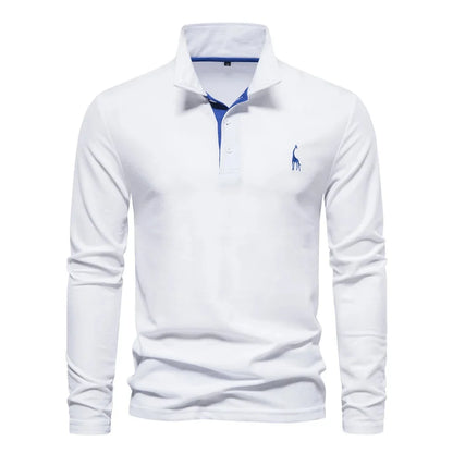 AIOPESON 2023 New Men's Deer Embroidery Polo Shirts Solid Color Long Sleeve Social Business Male